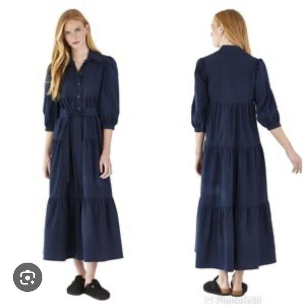 Hunter Bell Women's Clayton Tiered Maxi Button Up Shirt Dress Belt Navy Size XS